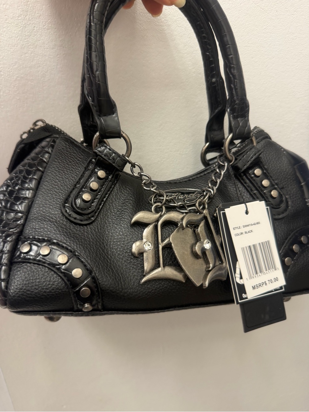 Black Women's Studded Satchel Handbag with Charm Accents